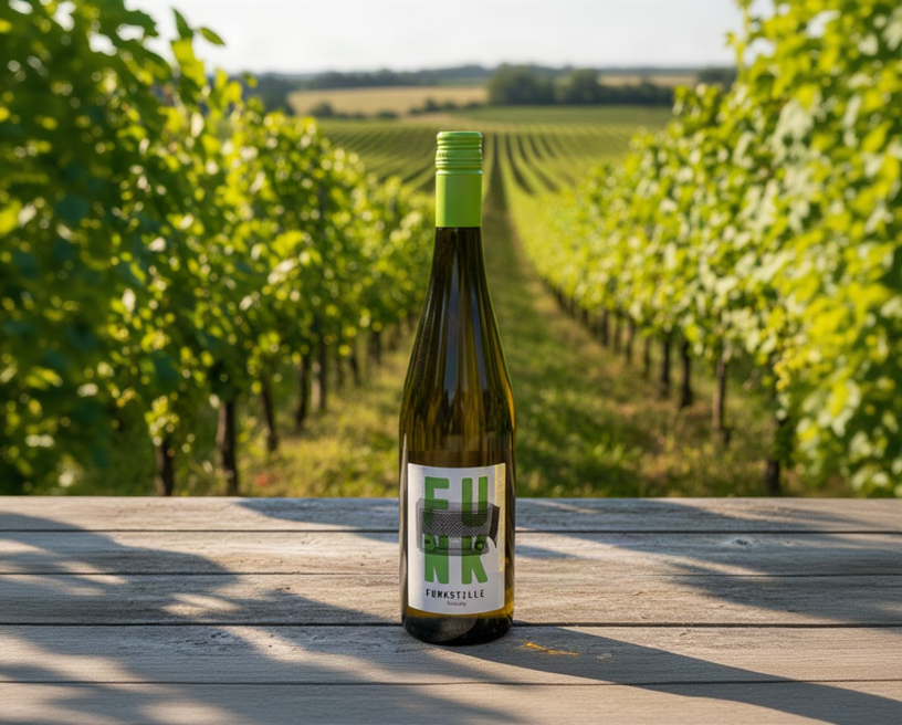 Funkstille Riesling 2025 - østrigsk hvidvin på træbord i vinmark